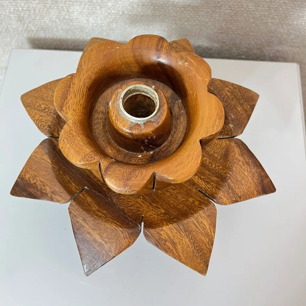Vintage Spinning Wooden Flower‎ Pedestal Candle Holder
